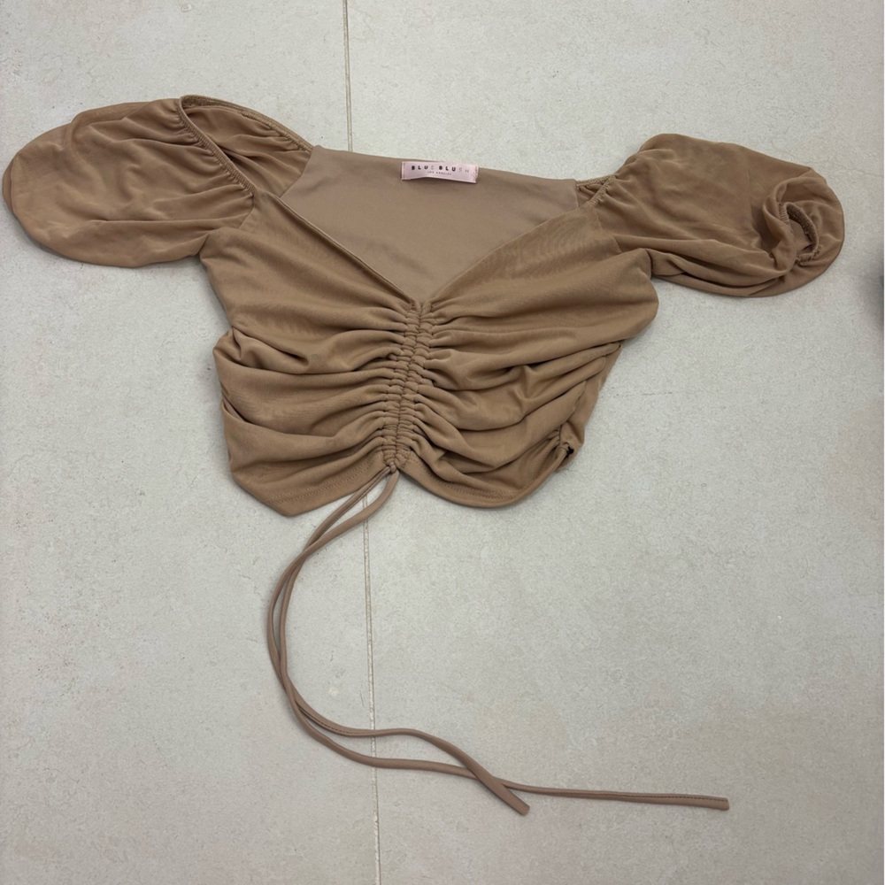 Tan Ruched Off-Shoulder Top - Picture 2 of 2